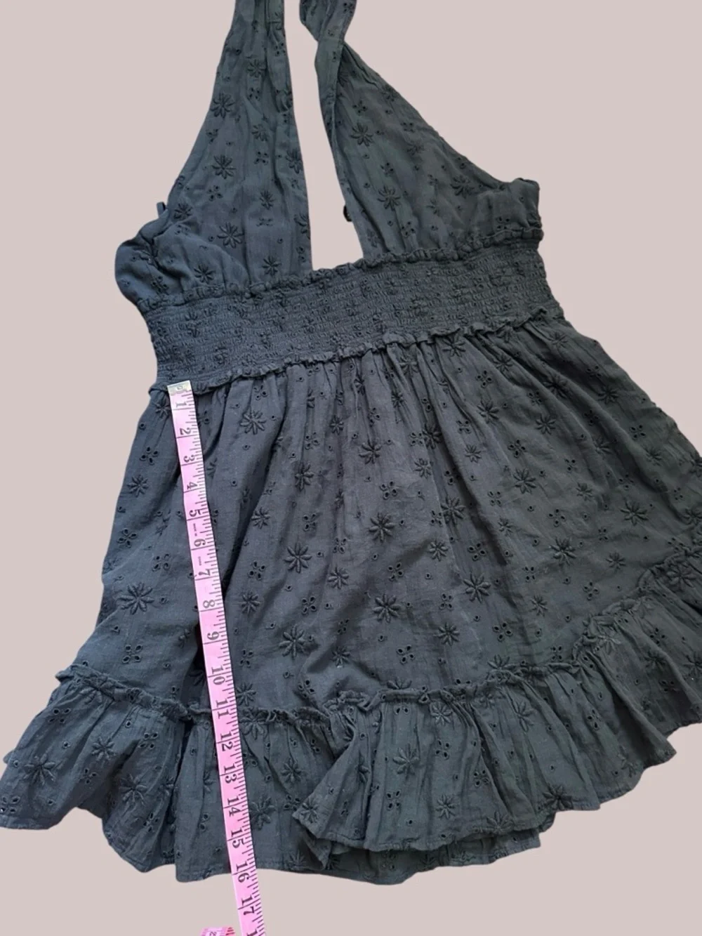 aerie Charcoal Eyelet Smocked Halter Mini Dress - Picture 3 of 6